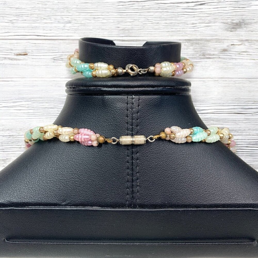 Genuine Pearl Necklace & Bracelet Set Pastel Colors Double Helix Gold Beads 18"L - Picture 4 of 5